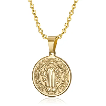 Католическая Медаль Святого Сан-Бенито, Ожерелье с цепочкой, Ожерелье Иисуса из нержавеющей стали Золотого цвета, Религиозные ювелирные изделия, подарки Изображение