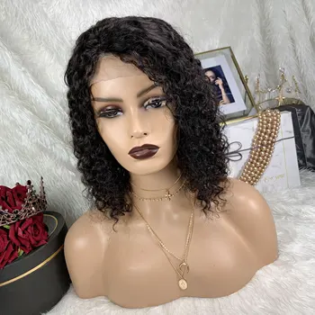 Парик из человеческих волос с кружевным завитком 10 Дюймов 4x4, предварительно выщипанный бразильский парик с кружевным завитком Глубокой волны HD для женщин Изображение
