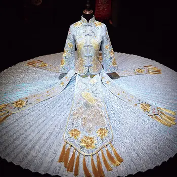 Традиционный классический синий свадебный костюм невесты Чонсам с вышивкой, китайская пара, Женское, мужское свадебное платье Qipao Vestidos Изображение
