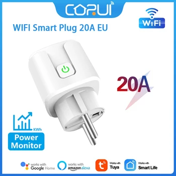 CoRui WIFI Smart Plug 20A EU Беспроводной пульт дистанционного управления, Умный таймер, Огнестойкая Умная розетка для ПК, работа с Alexa Google Изображение