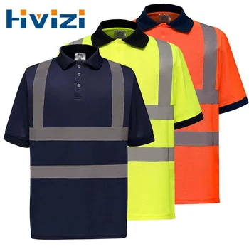 Темно-синяя защитная рубашка для мужчин, рубашки для ночной работы, Высокая видимость, Быстросохнущая летняя футболка Hi Vis с короткими рукавами Изображение