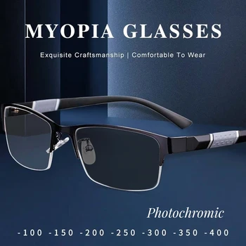 Мужские фотохромные очки для близорукости, Квадратные умные Очки Для близорукости, Готовые Очки Унисекс, Металлические Деловые очки в полурамке Изображение