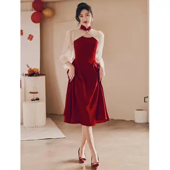 Сексуальное Вечернее платье Трапециевидной формы в китайском стиле с круглым вырезом и длинными Сетчатыми рукавами Qipao Grace бордового цвета, Vestidos Изображение