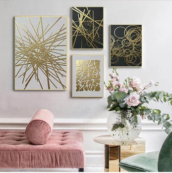 Абстрактный геометрический плакат на холсте, золотисто-черная настенная художественная живопись, плакаты и принты, настенные панно для гостиной, домашний декор Изображение