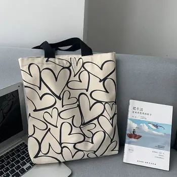 Корейский Простой минималистичный стиль, модная холщовая сумка для покупок с принтом в виде сердца, повседневная сумка-тоут, черный плечевой ремень, Экологичная Оптовая продажа Изображение