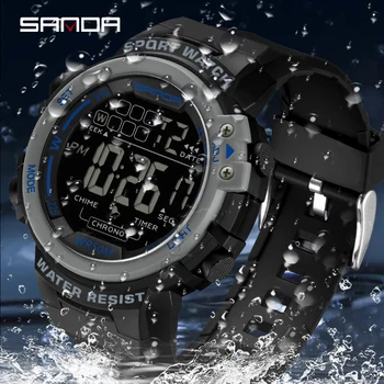 Лучшие 2023 Новые мужские спортивные часы на открытом воздухе, многофункциональные электронные часы 5ATM, водонепроницаемые военные часы, светящиеся SANDA 2140 Изображение