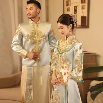 Светло-Голубое Китайское Традиционное Свадебное платье Ципао с вышивкой бисером и Кисточками для Невесты и Жениха китайская одежда Изображение