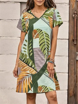 Летние повседневные пальмовое дерево лист печати платье для женщин V шеи пуловер Свободная талия платье женские удобные короткие рукава-line нарядные Изображение