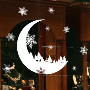 Электростатические наклейки с Рождественской Луной и лесом, снежинка для стеклянного окна, наклейки на стены, Рождественский Декоративный дизайн, наклейки для дома Изображение