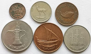 ОАЭ 1970-80-х годов 6 монет Набор Старая версия 1 Ярмарка-1 дирхам 100% Оригинальный Год выпуска Случайный Изображение