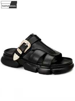 Летняя обувь, мужские Тапочки из натуральной кожи с толстой подошвой, Дышащая Повседневная обувь на платформе, черные Модные слайды Изображение