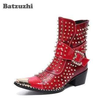 Batzuzhi/ Мужские короткие мужские ботинки с заклепками в виде камней на высоком каблуке 6,5 см, с острыми металлическими пряжками, мотоциклетные Botas Hombre, размер 38-46 Изображение