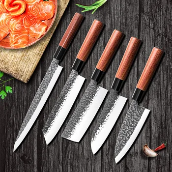 4 шт. Японский нож для нарезки лосося из кованой нержавеющей стали, нож для приготовления сашими, нож для суши и набор специальных ножей для сашими Изображение