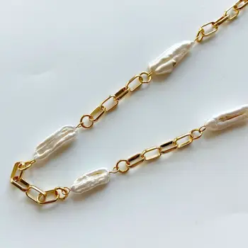Новое ожерелье из натурального жемчуга в стиле барокко, европейский и американский нишевый дизайн, простая цепочка, позолоченная ключица Изображение
