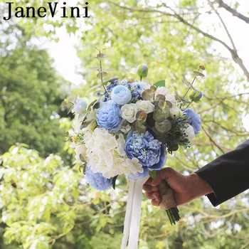 JaneVini, Искусственная роза, Голубой Свадебный букет, Цветок для невесты, Поддельные Пионы Ручной работы, Подружка Невесты, Держащая цветы Bruiloft Изображение