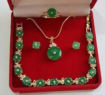 Красивое ожерелье из зеленого нефрита/браслет, подвеска, серьги, кольцо, набор Изображение