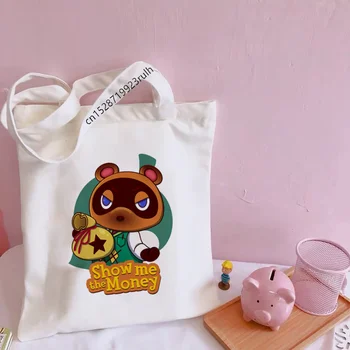 Забавная сумка для покупок с Мультяшным принтом Animal Crossing, Милые Холщовые сумки на плечо в стиле Харадзюку, Женские сумки-Мессенджеры Большой Емкости, Кавайные сумки Изображение
