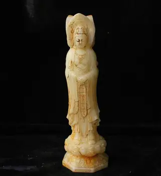 19,5 см Фарфоровая Натуральная Старая нефритовая скульптура ручной работы из статуи Будды Кван-инь Изображение