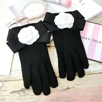 Модные зимние Белые перчатки с бантом в виде камелии, женские однотонные черные кашемировые варежки с сенсорным экраном, утолщающие пальцы, теплые Изображение