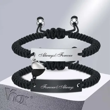 Привлекательные браслеты с сердечками Vnox для пар, браслет из черной плетеной веревки для мужчин и женщин, бесплатные подарочные украшения на заказ Изображение