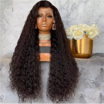 Натуральные черные предварительно выщипанные бесклеевые мягкие парики плотностью 180% с глубокими кудрявыми завитками Длиной 26 дюймов на кружеве Спереди Для африканских женщин Babyhair Daily Изображение