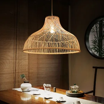 Японская Люстра из ротанга, Винтажные потолочные люстры в стиле фермерского дома, Освещение, светодиодные светильники для Столовой, Ресторанная подвеска Изображение