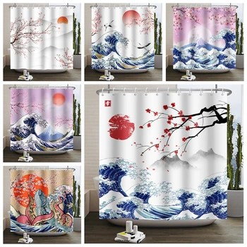 Японская Занавеска для душа, Крепление для вишни Fuji, Цветочные занавески для ванной, Галька, Птицы Лотоса, Бабочка, Ширма для ванны 180x240 Изображение