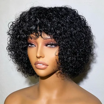 Кудрявый парик с челкой, бесклеевые полностью машинные парики из человеческих волос для чернокожих женщин, плотность 180%, натуральные вьющиеся бразильские волосы Remy Human Изображение