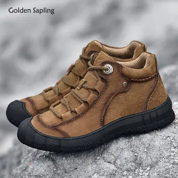 Golden Sapling/Мужские ботинки из натуральной кожи, повседневная теплая обувь в стиле ретро, Классические зимние мужские ботинки, Модная швейная обувь для отдыха на открытом воздухе Изображение