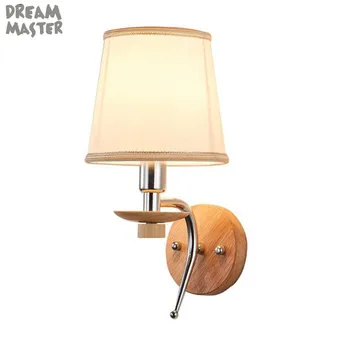 Современный настенный светильник на деревянной основе, Прикроватный настенный светильник с тканевым абажуром, Настенный светильник для дома, деревянная лампа в проходе отеля Изображение