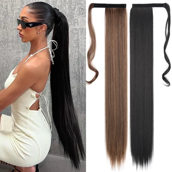 Синтетический 85-сантиметровый Прямой Шиньон для наращивания волос с заколкой в виде конского хвоста, Натуральный черный Термостойкий шиньон-пони для женщин Изображение