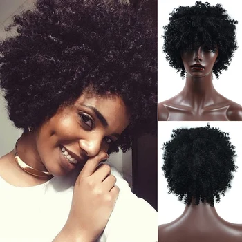 Синтетический парик в африканском стиле для чернокожих женщин, Африканский Черный кудрявый Короткий парик, Косплей, Парики для ежедневного использования Изображение