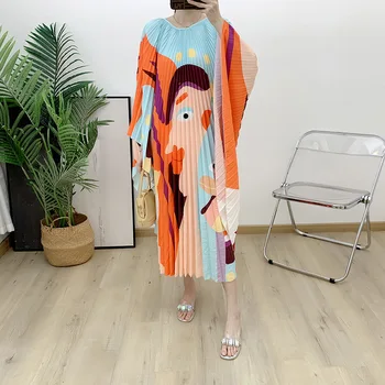 Плиссированное платье Miyake с рукавом-шалью Eomen 2023, Новое Элегантное Плиссированное платье Большого Размера со средним рукавом и Принтом размера Плюс для Женщин Изображение