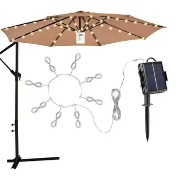 Зонт для патио с солнечной светодиодной подсветкой и водонепроницаемостью, 8 фонарей, подвесной зонт на столбе, наружный декор для сада на заднем дворе Изображение