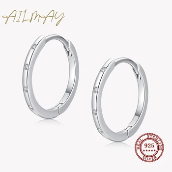 Ailmay, натуральное серебро 925 пробы, Популярные круглые серьги для женщин, простой дизайн, Ослепительный прозрачный CZ, изысканные гипоаллергенные украшения Изображение
