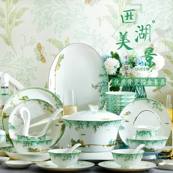 Китайская креативная комбинация чаши и тарелки из Пномпеня West Lake Spring из костяного фарфора, набор посуды для дома из чаши и тарелки Изображение