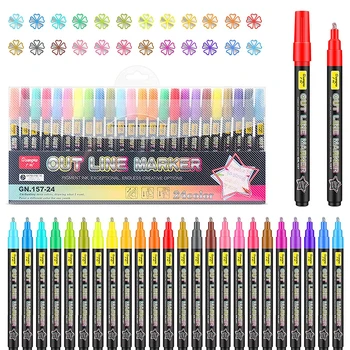 Контурные маркеры, маркеры Super Squiggles-24 цвета, набор мерцающих маркеров Super Squiggles, двойная линейная ручка для рисования Изображение