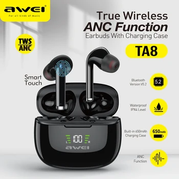 Awei TA8 ANC Беспроводные Наушники Fone Bluetooth Type-C со светодиодным Дисплеем TWS Гарнитура Геймерские Наушники с Шумоподавлением с Двойным микрофоном Изображение