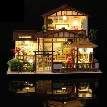Деревянный миниатюрный кукольный домик своими руками, японская архитектура, Кукольный дом с мебелью, игрушки для детей, подарки на день рождения для девочек Изображение