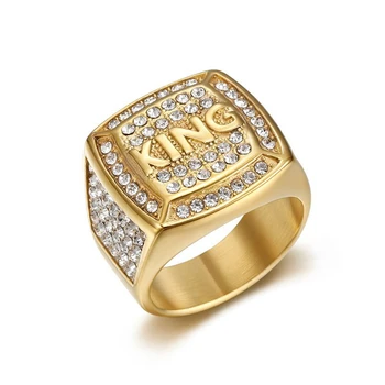 Хип-хоп Iced Out Bling с большой буквой King Ring Мужской Золотой Цвет Квадратные кольца из нержавеющей стали Для мужчин Ювелирные изделия для вечеринок Высокого качества Изображение