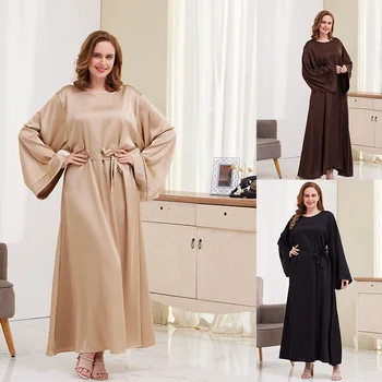 Женский мусульманский халат, Длинные платья, Повседневные Свободные Абаи с длинным рукавом, однотонные Изображение