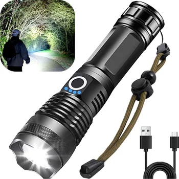 Сильный световой фонарик из алюминиевого сплава, уличный фонарь для рыбалки, многофункциональный USB-перезаряжаемый фонарик с зумом Изображение