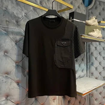 Незаменимая новая футболка с круглым вырезом на весну и лето 2023, мужская мода, контрастные цветовые линии, Дышащий черный, Высокое качество Изображение