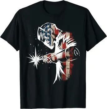 Сварщик, Американский флаг, Сварщик, Винтажная японская уличная одежда в стиле Харадзюку, мужские повседневные футболки в стиле хип-хоп Изображение