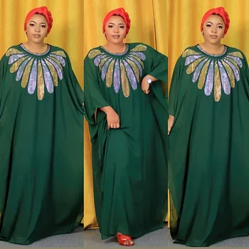 Женское платье в африканском стиле 2023, Африканское Элегантное Летнее платье из полиэстера с рукавом 3/4 и круглым вырезом, Зеленое, Синее Длинное платье, Африканская одежда Изображение