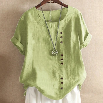Летние повседневные женские рубашки светло-зеленого цвета, темно-синие блузки с короткими рукавами и пуговицами, Женские рубашки, Свободные хлопчатобумажные льняные рубашки, блузы Изображение