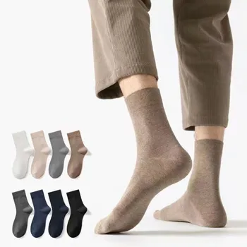 4 Пары мужских однотонных повседневных хлопчатобумажных носков Высокого качества, подходящих для четырех сезонов, Модельные носки Для мужчин, деловые носки, Подарочный набор Изображение