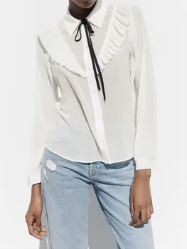 Новая модная удобная женская Повседневная полупрозрачная рубашка Поло с длинным рукавом и контрастным бантом, многослойная рубашка Изображение