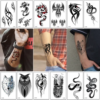 12 шт./Лот, повязка на палец руки, временная татуировка, наклейка, черная поддельная передача воды, наборы татуировок малого размера, змея, дракон, тотем Изображение