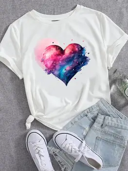 Милая акварельная одежда Love Heart, Женская футболка, Модная повседневная футболка с коротким рукавом, Женская верхняя одежда с принтом, графические футболки Изображение